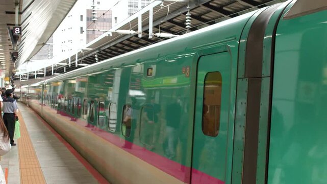 Green Shinkansen Bullet Train Arriving at Tokyo Station Railway Platform