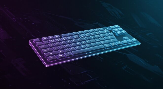 暗闇に輝くゲーミングキーボードが青と紫のグラデーション光で鮮やかに縁取られ最新技術を駆使した未来的なデジタルデザインとサイバー空間の没入感を強調. AI Generated