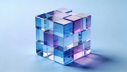 Fototapeta premium Abstract Cube Formations of Transparent Glass Cubes with Blue and Purple Hues on a Light Blue Background, Showing Refraction and Shadows