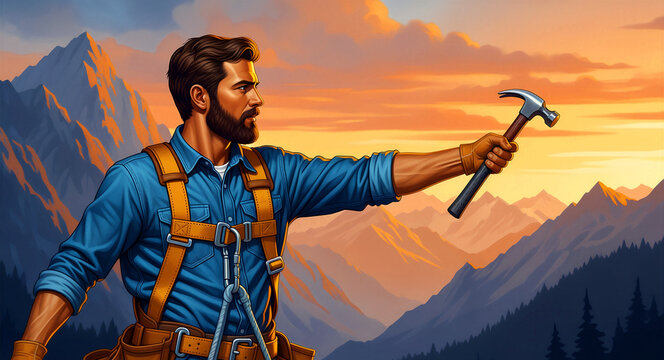 Heroic construction worker holding a hammer against a majestic mountain backdrop. Professional craftsman wearing safety harness and tool belt during a vibrant sunset. Industry and labor concept.