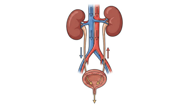 Anatomical diagram of human urinary excretory system illustrating internal organs including kidney, ureter, bladder, and urethra for biological fluid filtration and metabolic waste elimination.