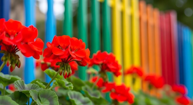 Vibrant red geraniums in bloom against colorful wooden fence