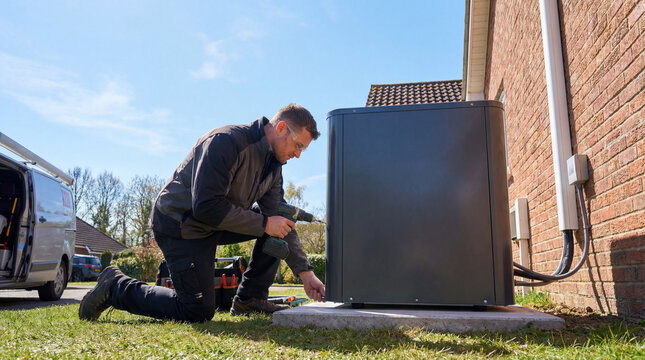 Technician installing outdoor home heat pump unit beside brick house using power drill with service van nearby showing renewable energy upgrade efficiency maintenance clean technology