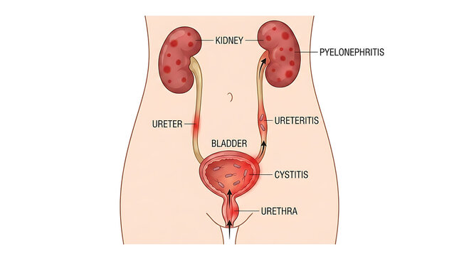 Detailed Medical Illustration of Urinary Tract Infection Anatomy Showing Kidney Bladder Ureter Urethra Inflammation Caused by Escherichia Coli Bacteria Resulting in Cystitis and Pyelonephritis