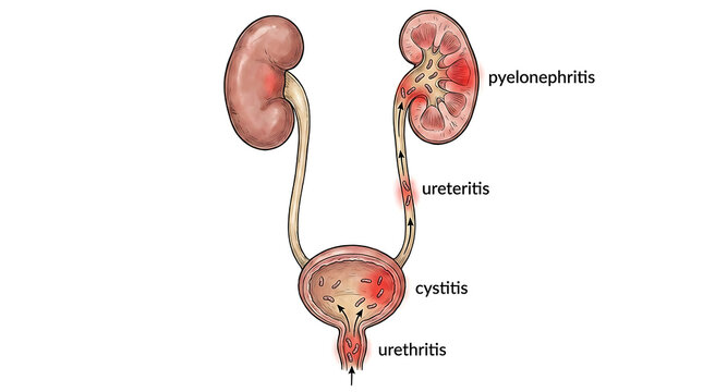 Human urinary tract anatomy diagram depicting bacterial infection sites including kidneys, ureters, bladder, and urethra with medical conditions like pyelonephritis, cystitis, and urethritis.