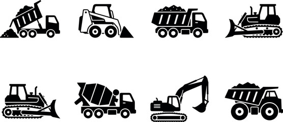 Heavy construction machinery vector icon set with excavators bulldozers dump trucks and industrial equipment isolated design © MdMostafijur