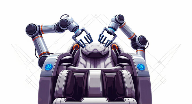 Robotic arms performing maintenance on a futuristic cockpit seat. Advanced industrial automation and mechanical engineering technology. Ideal for smart manufacturing and AI tech concepts.