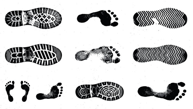 Grunge footprint and shoe sole vector set with dirty boot tracks and textured tread marks isolated design