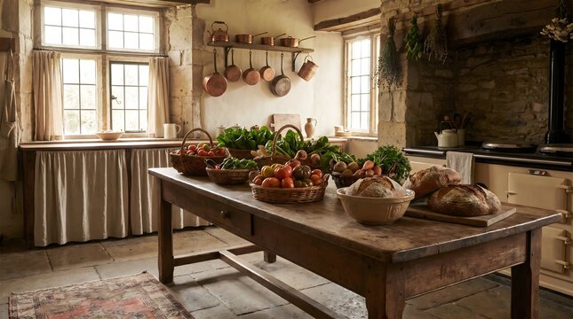Rustic kitchen with fresh produce and bread on wooden table, vintage charm.
