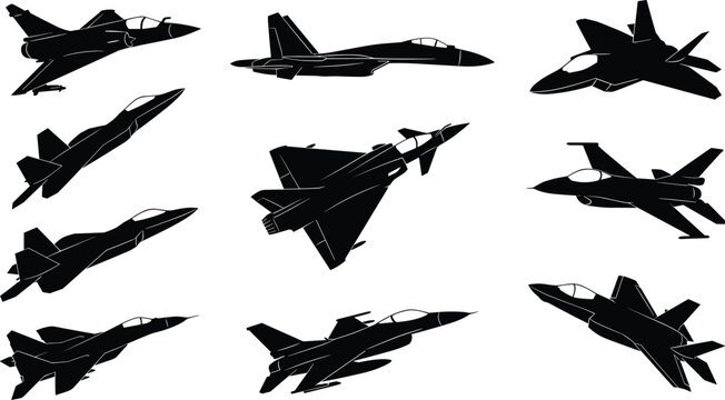 Collection of black silhouette fighter jet icons showcasing diverse modern military aircraft designs with aerodynamic variations
