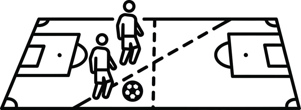 Soccer players on a field with a ball and offside line