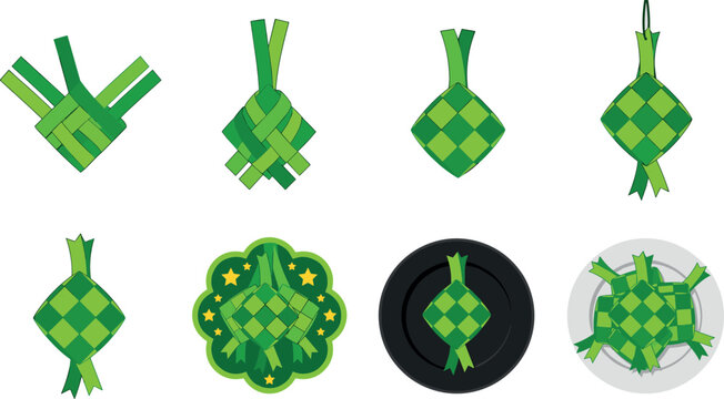Ketupat Vector Illustration Collection with Traditional Woven Palm Leaf Rice Cakes for Eid Celebration and Islamic Holiday Decoration Designs