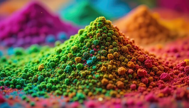 Vibrant colorful powder piles in various hues and shades closely packed together in a creative artistic arrangement