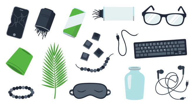A collection of personal electronic waste items including a broken smartphone and computer keyboard keys are organized on a soft light green and grey backdrop.
