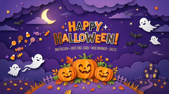 Halloween background for party invitation, greeting card, web banner or Sales with candies in night clouds, cutest pumpkins, bats, ghosts on violet background. Paper cut style, digital craft style