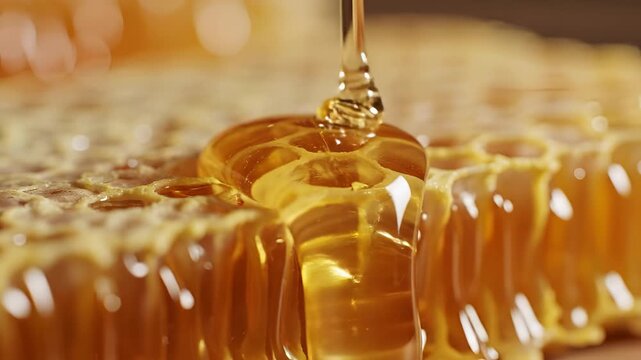 Golden Honey Dripping Onto Fresh Honeycomb CloseUp Macro Shot.