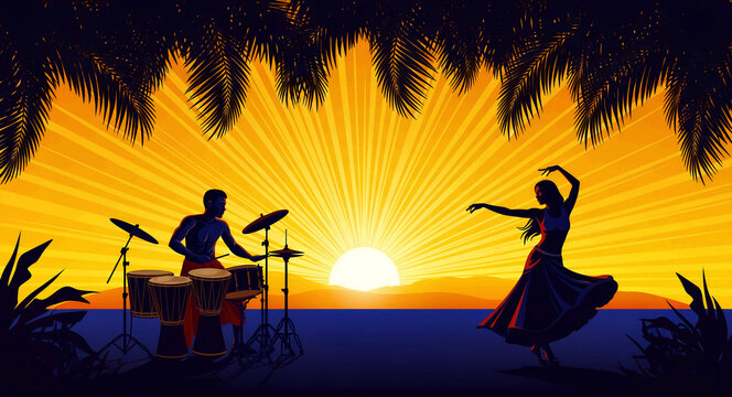 Silhouette of a man playing drums and a woman dancing on a tropical beach at sunset. Palm trees and sun rays frame a vibrant summer landscape. Ideal for travel, music, and cultural event marketing.