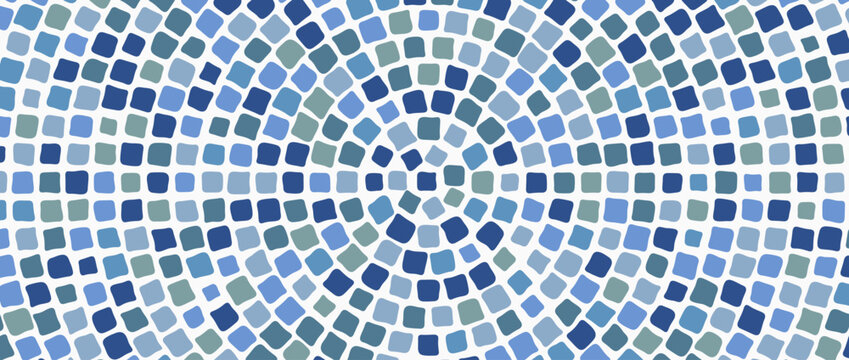 Grey round mosaic pebble stone pattern. Radial cobblestone background. Blue stone sidewalk paved circle texture. Repeating tessellation rock wallpaper. Vector landscaping brick pavement backdrop