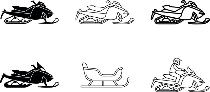 Snowmobile and winter sleigh vector icon collection with seasonal transport vehicles isolated for outdoor adventure design