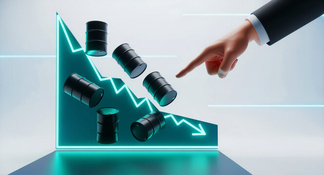 Hand pointing at falling oil barrels and a declining market graph. Illustration of a petroleum price crash on a neon chart. Energy crisis and recession concept, ideal for financial news analysis.