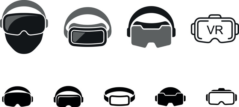 Virtual reality headset vector icon collection with VR goggles and gaming technology symbols isolated design elements