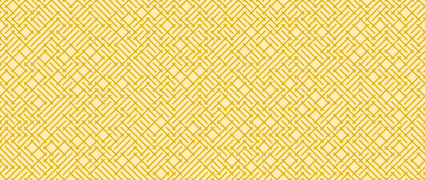 Yellow woven textile seamless pattern. Repeating geometric weave rattan texture. Golden lattice basket background. Repeated canvas fabric material wallpaper. Textile grid surface backdrop. Vector