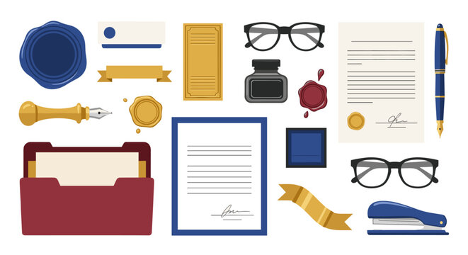 A collection of vintage office supplies including wax seals, fountain pens, documents, and folders arranged neatly on a plain light surface.