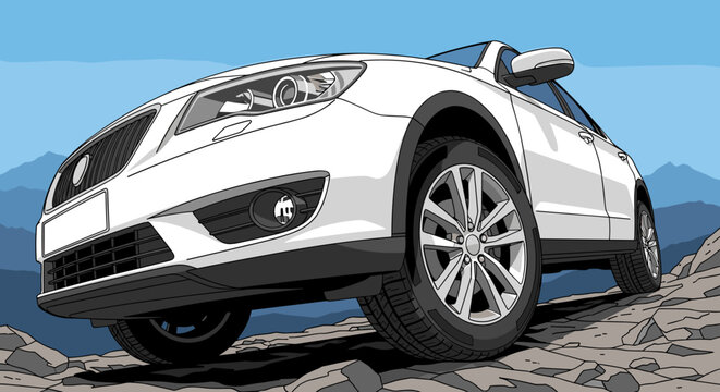 A white car sits on a rocky mountain slope captured from a low worm's-eye view against a bright clear sky in a stylized digital graphic art format.