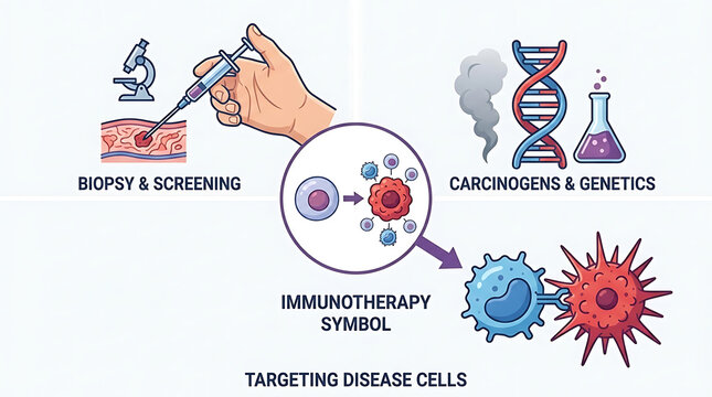 Clinical oncology research showing malignant tumor cells during screening for targeted therapy against cancer growth induced by genetic mutation or carcinogen exposure in a laboratory biopsy.