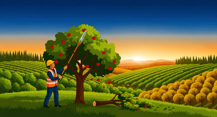 Fototapeta premium Man in safety vest pruning an apple tree with a pole saw in an orchard. Agricultural worker performing maintenance in rural farmland at sunrise. Farm management and horticulture business concept.