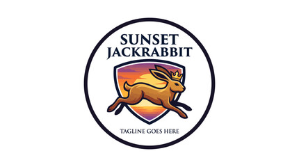 Circular sunset jackrabbit emblem featuring a leaping rabbit design © aseenz imagine