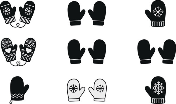 Winter mitten vector icon collection with knitted gloves and snowflake handwear isolated for seasonal fashion design