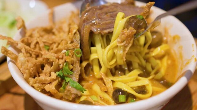 Close Up of Northern Thai Khao Soi Curry Noodles with Beef