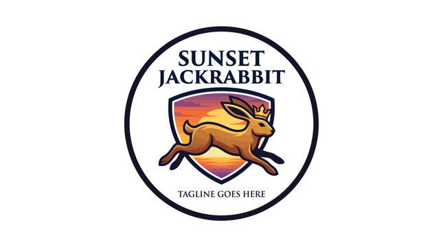 Circular sunset jackrabbit emblem featuring a leaping rabbit design