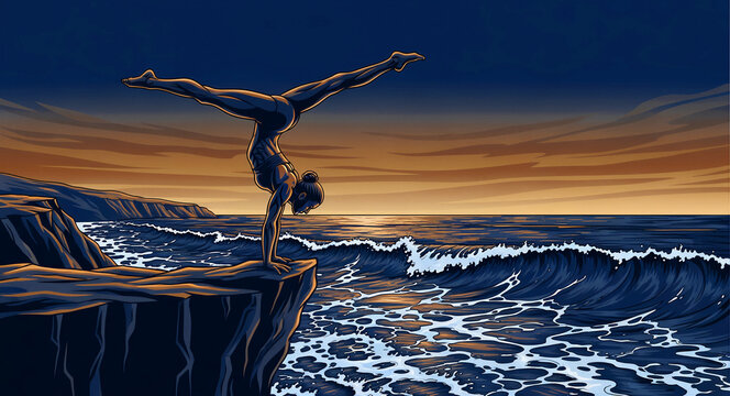 Athletic woman performing a handstand split on a cliff edge at sunset. Graphic illustration of a gymnast balancing above ocean waves. Fitness concept for motivational and wellness branding.