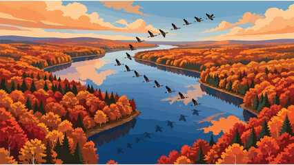 Autumn Migration Flock of Geese Flying Over River and Colorful Forest Landscape © Nimker harva