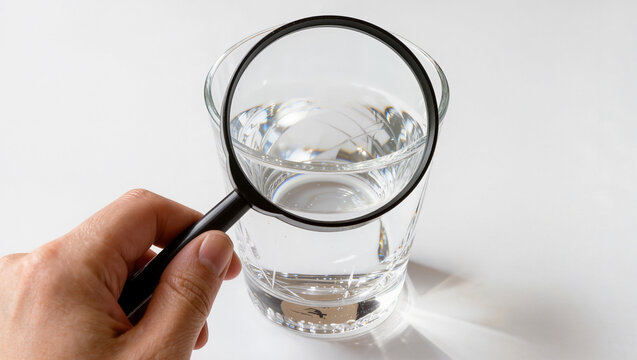 Magnifying Glass over Water Glass: Clarity and Impurity Inspection
