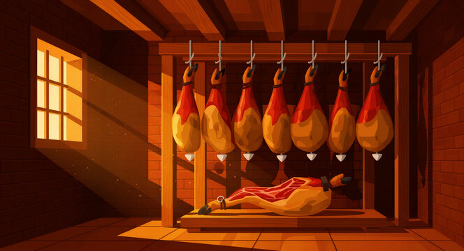 Jamon serrano legs hanging in a traditional rustic cellar. Sunlight streams onto cured ham in a bodega aging room. Ideal for Spanish cuisine marketing and culinary heritage themes.