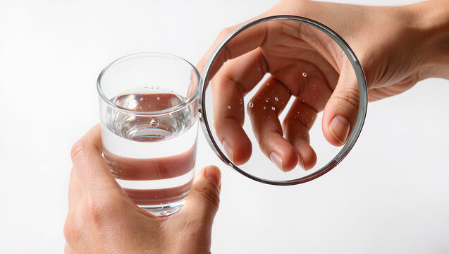 Magnifying Glass Reveals Water Droplets on Hand Holding Glass of Water