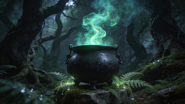 Spooky Halloween: Black Cauldron Brewing Green Witches' Magic Broth, Perfect For A Frightening Night Of Trick Or Treating!