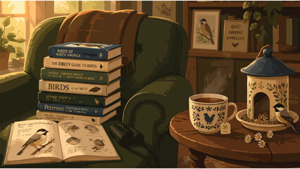 Cozy Reading Nook: Bird Watching Books, Tea, and Bird Feeder Scene © Nimker harva