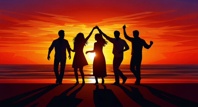 Silhouettes of friends dancing on a beach at sunset. People celebrating together by the ocean with orange sky background. Summer party and travel lifestyle concept, ideal for event marketing.