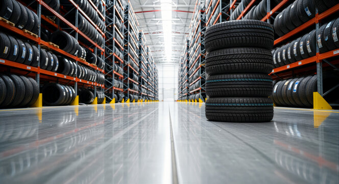 Stack of four car tires on a polished industrial warehouse floor. Large inventory of tires stored on metal racks in a professional logistics facility. Automotive supply chain concept.