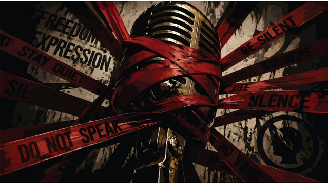 Censorship & Suppression: Muted Microphone, Freedom of Speech Denied, Media Control Concept