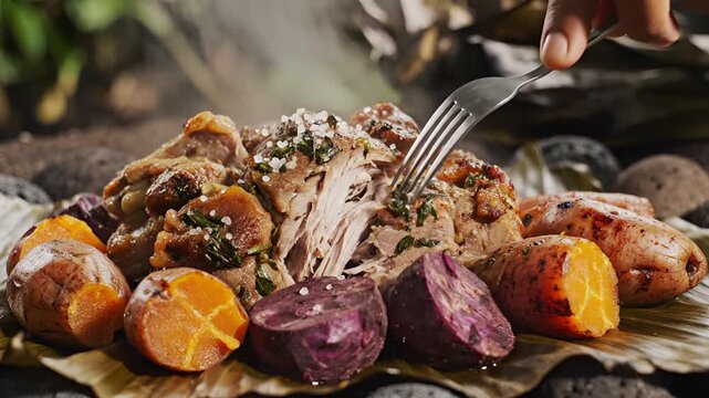 Traditional Hawaiian Luau Feast Preparation with Kalua Pig and Sweet Potatoes Cooked in an Imu.