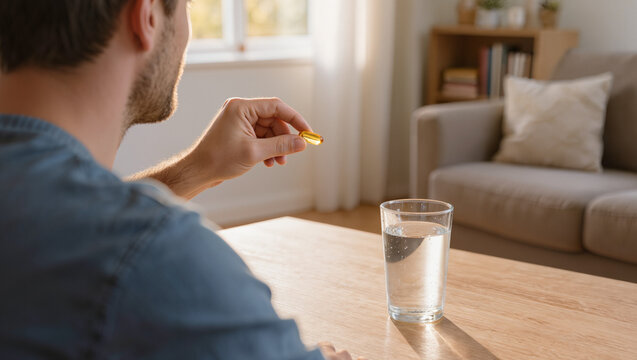 Man Holding Vitamin Pill and Glass of Water at Home