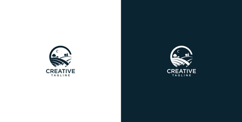 Elegant circular farm landscape logo with a rural barn, fields, tree, and crescent moon, perfect for agricultural businesses, natural lifestyle brands, and country-themed designs © micky_adb01