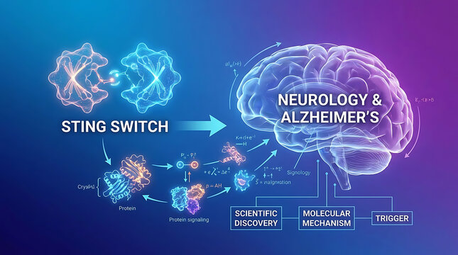 Scientific visualization of the STING pathway protein complex as a molecular switch triggering interferon gene for neurology research and innovative Alzheimer disease treatment discovery.