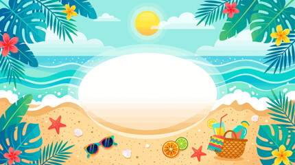 Obraz premium Summer beach vector banner background with oval blank frame picnic basket sunglasses and tropical flowers