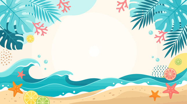 Summer beach vector frame background with splashing sea waves large copyspace and tropical palm leaves
